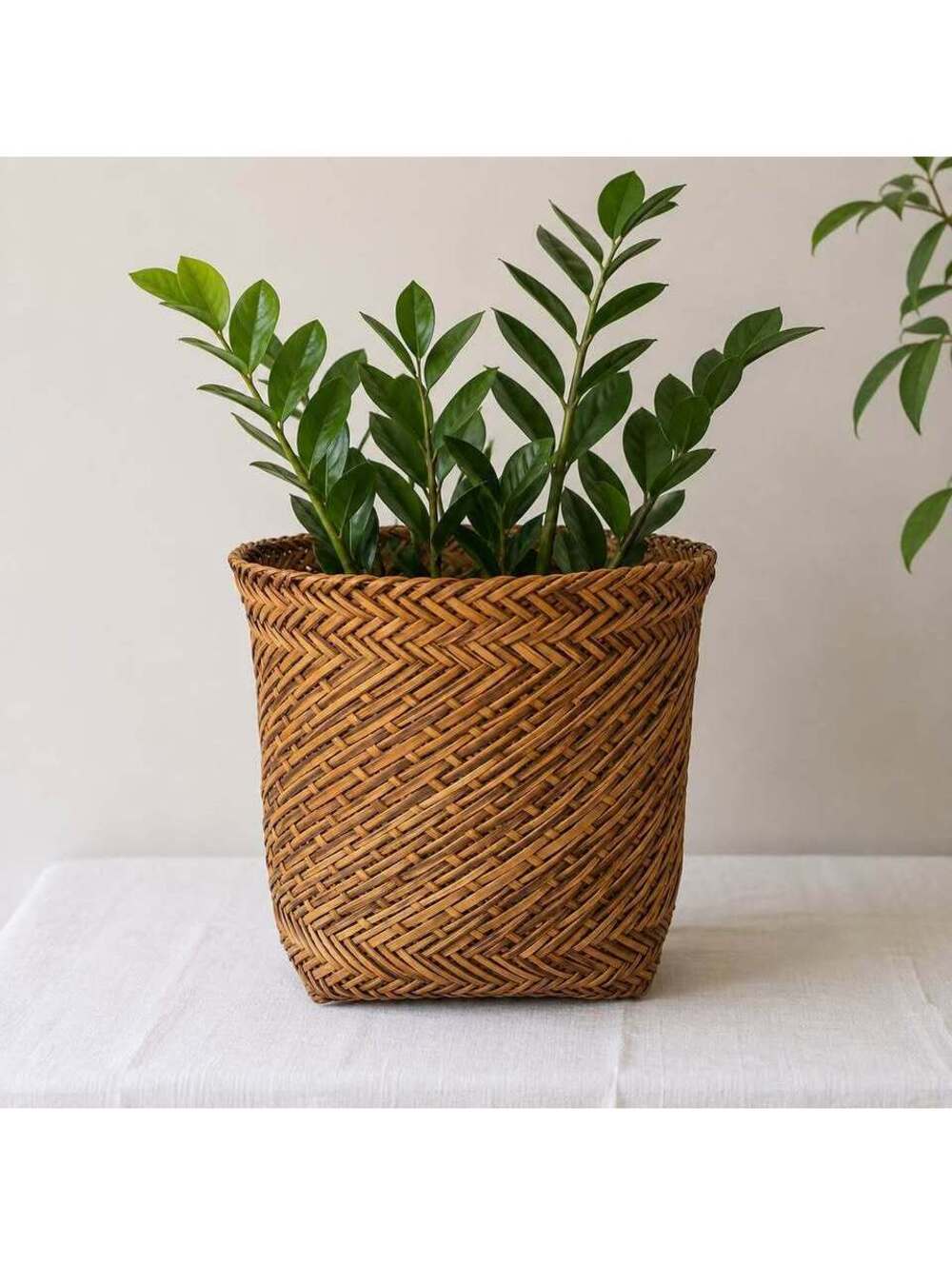Vintage Handwoven Bamboo Basket Wastebasket Herringbone Weave 12” Boho Decor